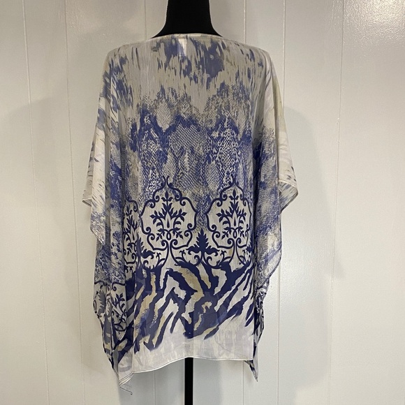 Chico's Blouse Tunic Flowy Boho Hippie Semi-Sheer Blue White Print Size Medium - Picture 7 of 11